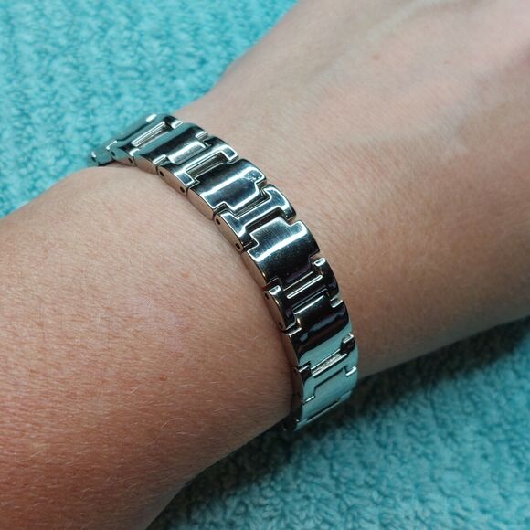 Silver Tone Unisex In Line Link Bracelet Fold Over Clasp Vintage - Picture 1 of 8